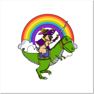 Pug Dog Pirate Riding T-Rex Dinosaur Posters and Art